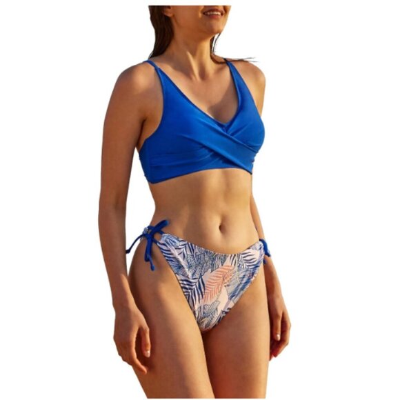 Jollkichay High Waisted Side Tie Bikini Twisted Front Top Blue Floral Medium NW - Picture 3 of 10